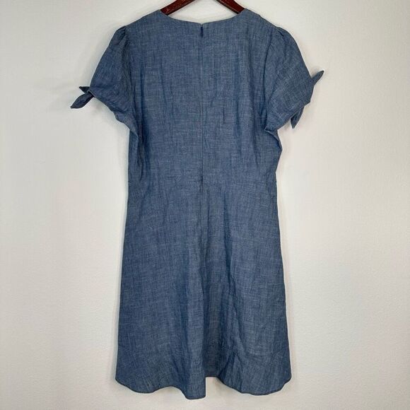 J.Crew Factory Blue Denim Chambray Faux Wrap Mini Dress Women 12 Minimalist Chic - Picture 2 of 12